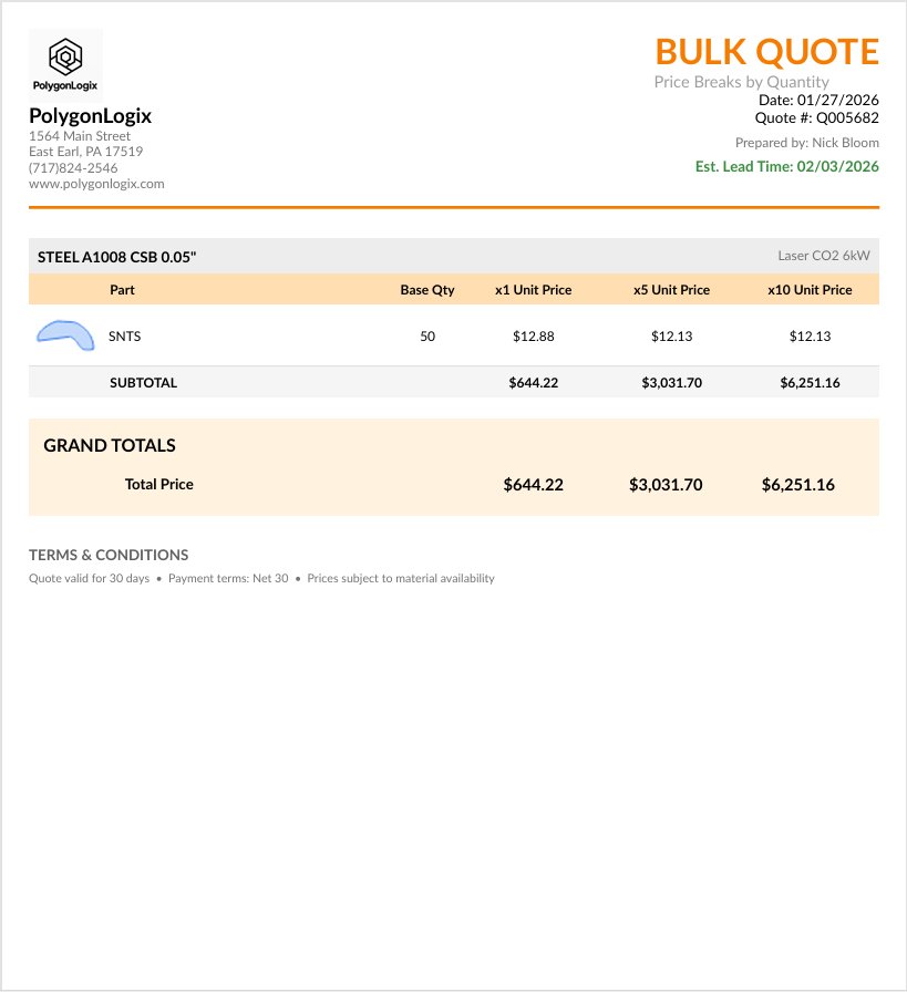 PolygonLogix bulk quote report showing quantity price breaks for steel fabrication parts