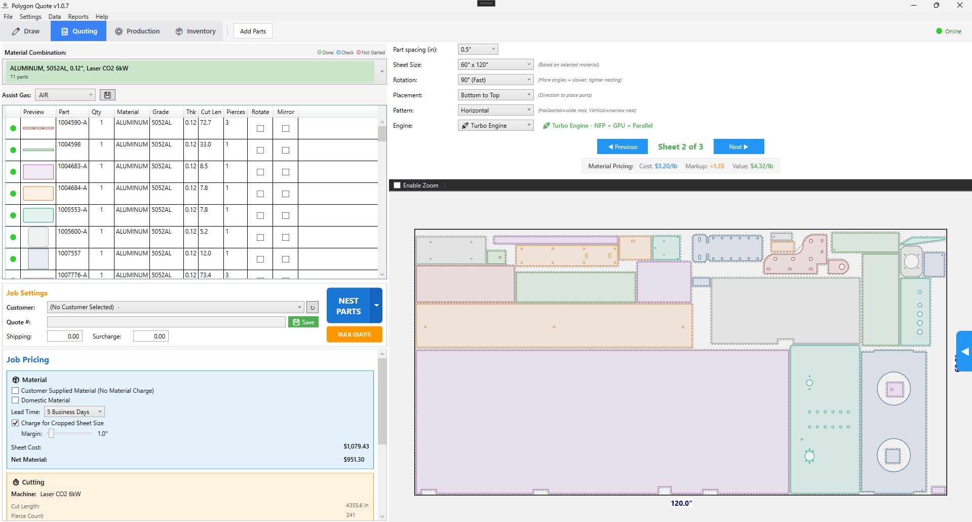 PolygonLogix quoting and nesting software interface showing 71 parts nested on sheet metal with cost breakdown and machine settings