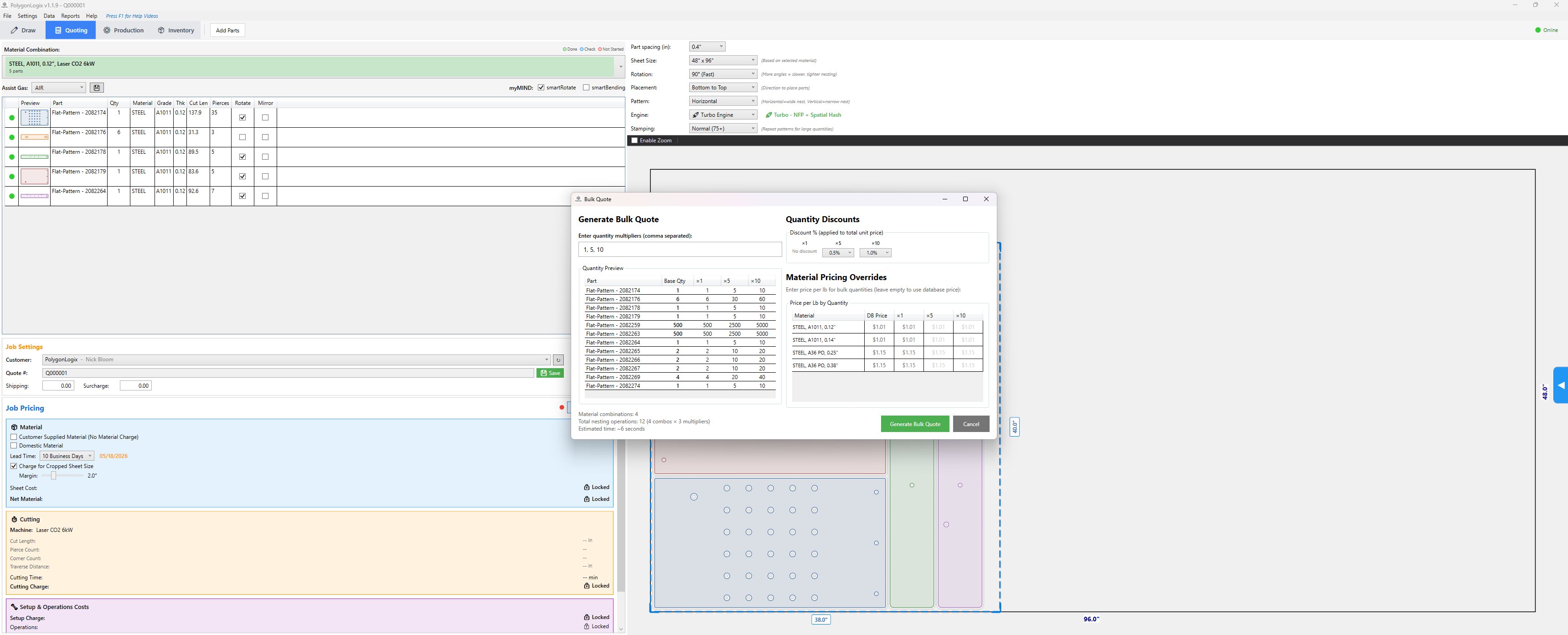 PolygonLogix bulk quote dialog with quantity multipliers, discounts, and material pricing overrides