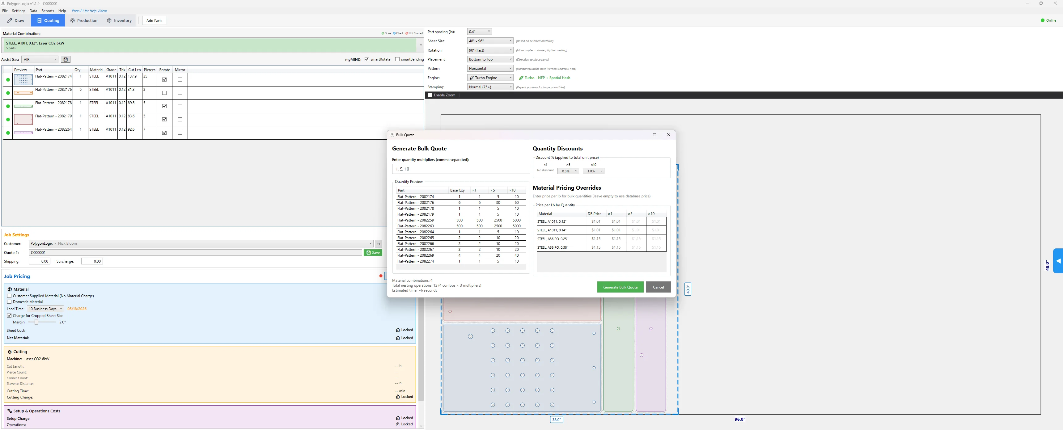 PolygonLogix bulk quote dialog with quantity multipliers, discounts, and material pricing overrides