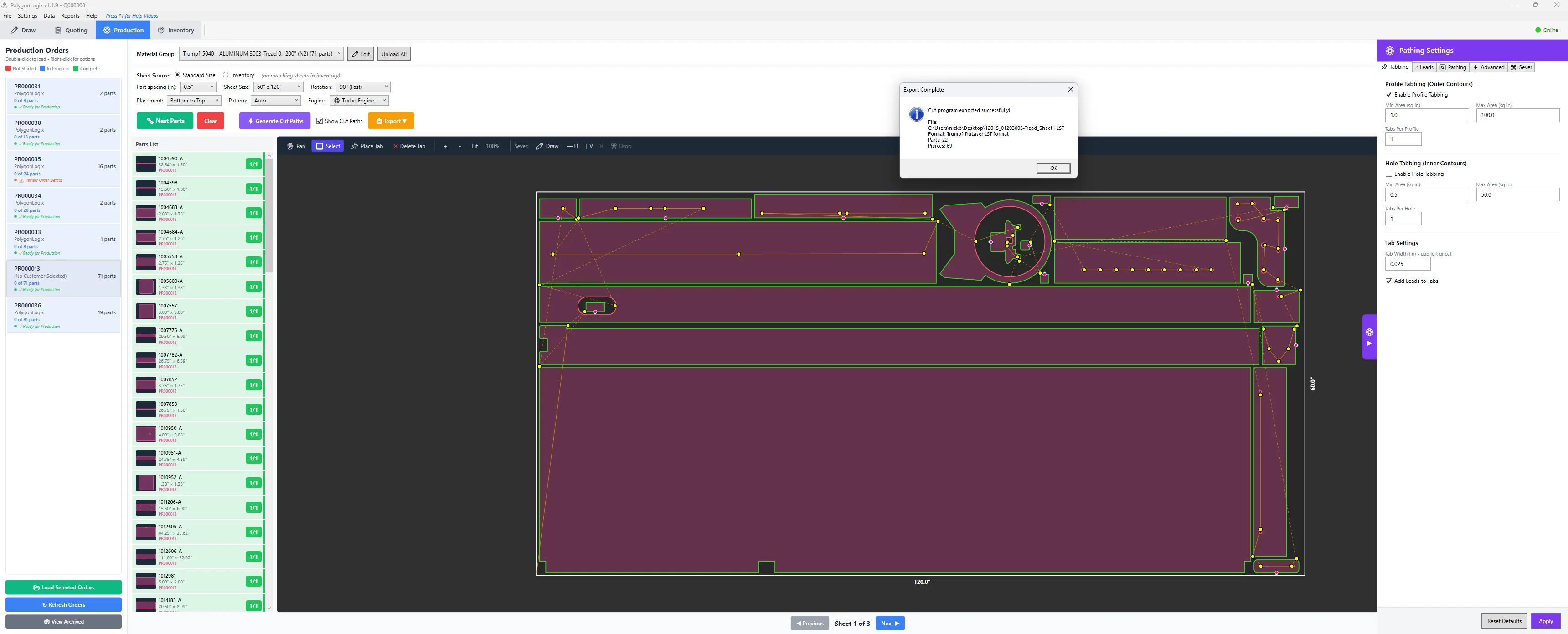 PolygonLogix export complete dialog with pathing settings panel showing tabbing and lead configuration