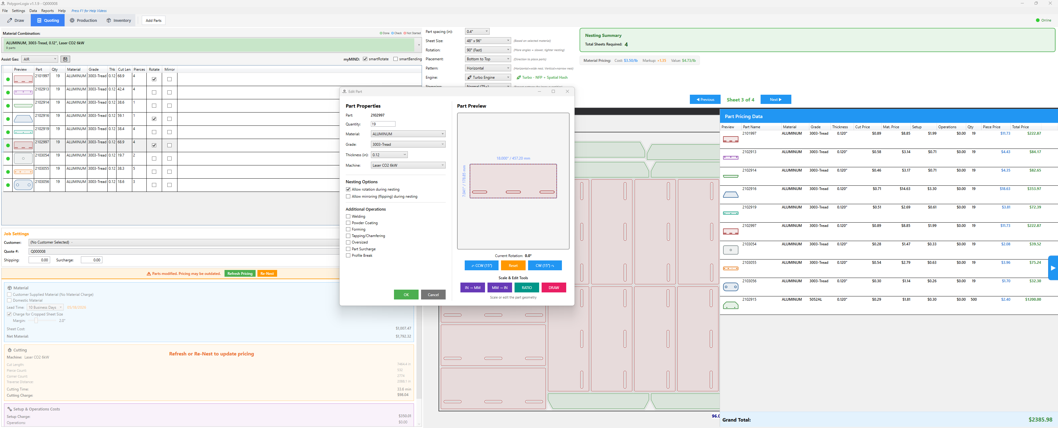 PolygonLogix part properties dialog with part preview, rotation tools, and per-part pricing data
