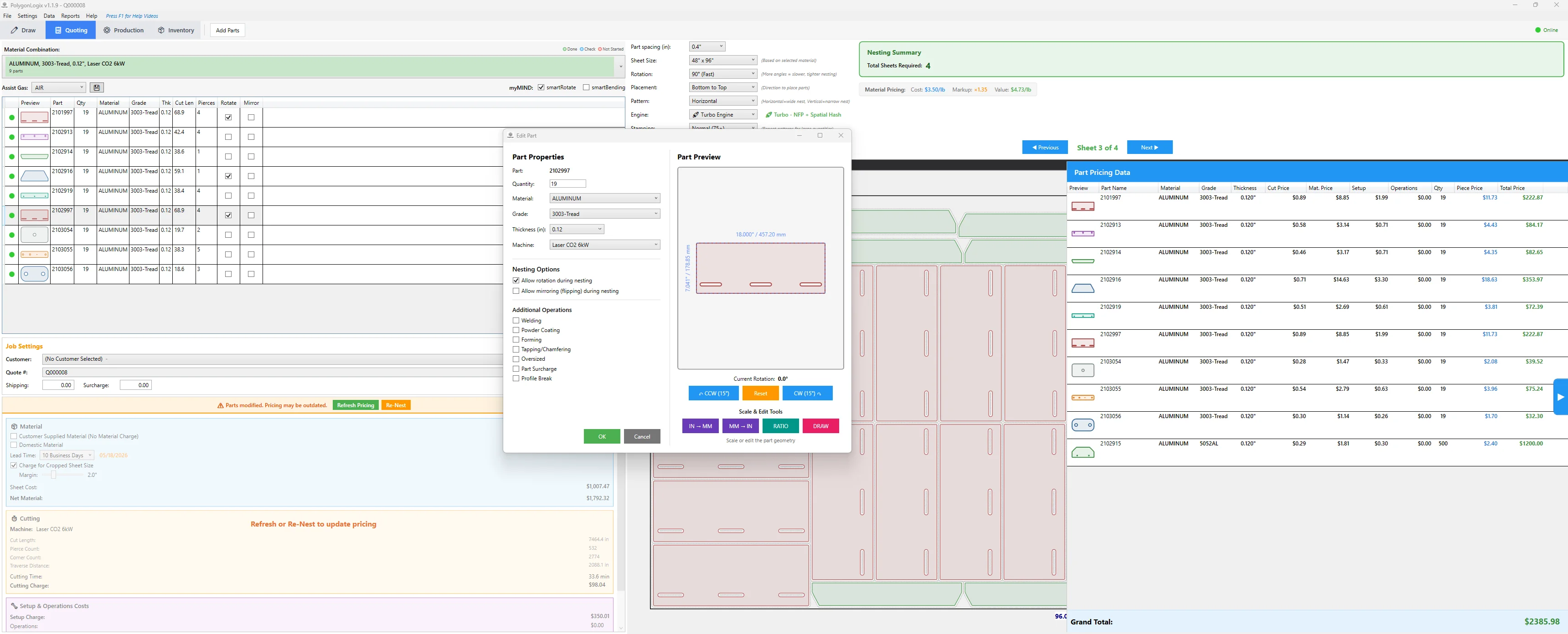 PolygonLogix part properties dialog with part preview, rotation tools, and per-part pricing data