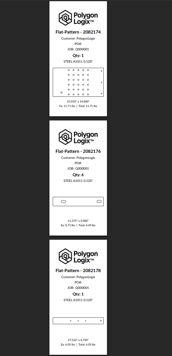 PolygonLogix print tags showing flat pattern labels with part info, materials, weights, and PolygonLogix branding