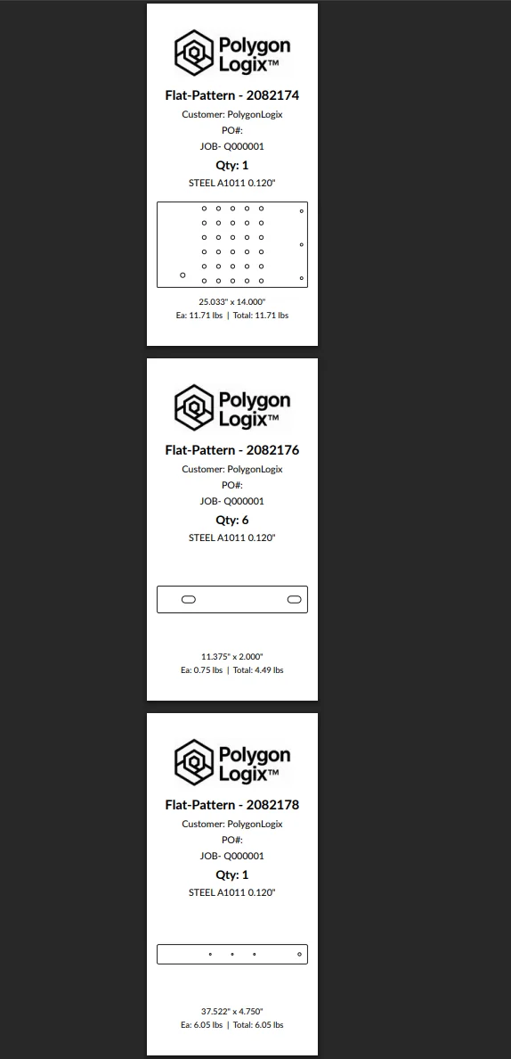 PolygonLogix print tags showing flat pattern labels with part info, materials, weights, and PolygonLogix branding