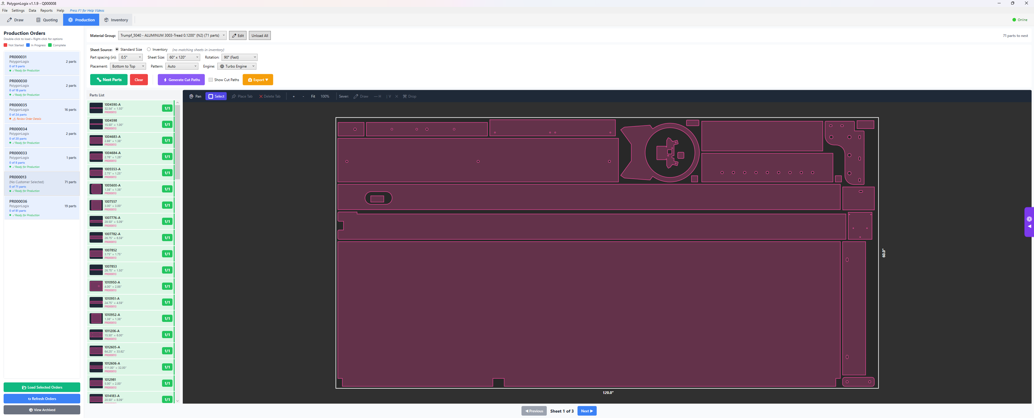 PolygonLogix production view with orders list and nested sheet showing generated cut paths