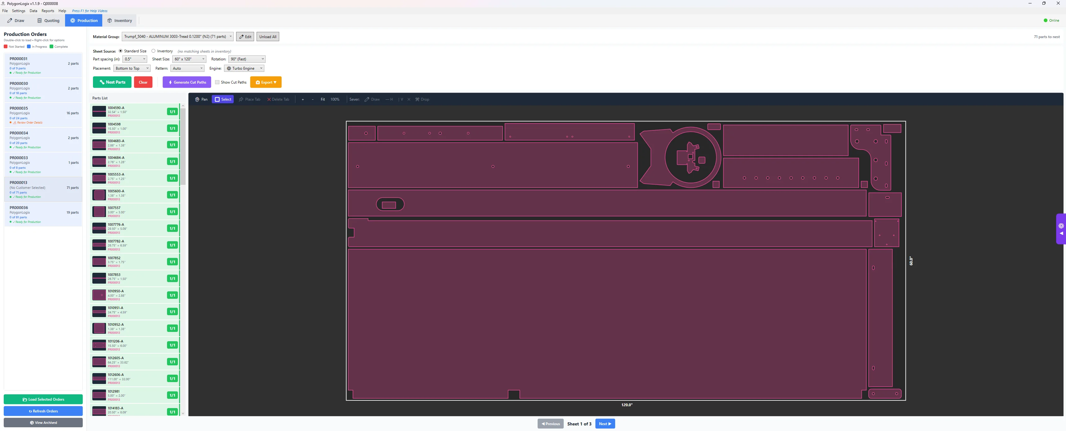PolygonLogix production view with orders list and nested sheet showing generated cut paths