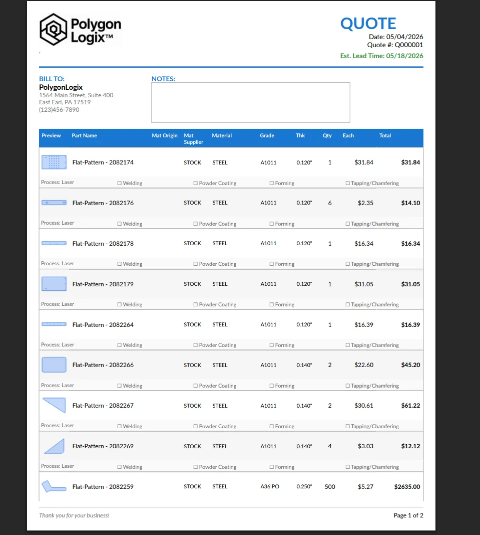 PolygonLogix professional quote report with part previews, materials, quantities, and pricing