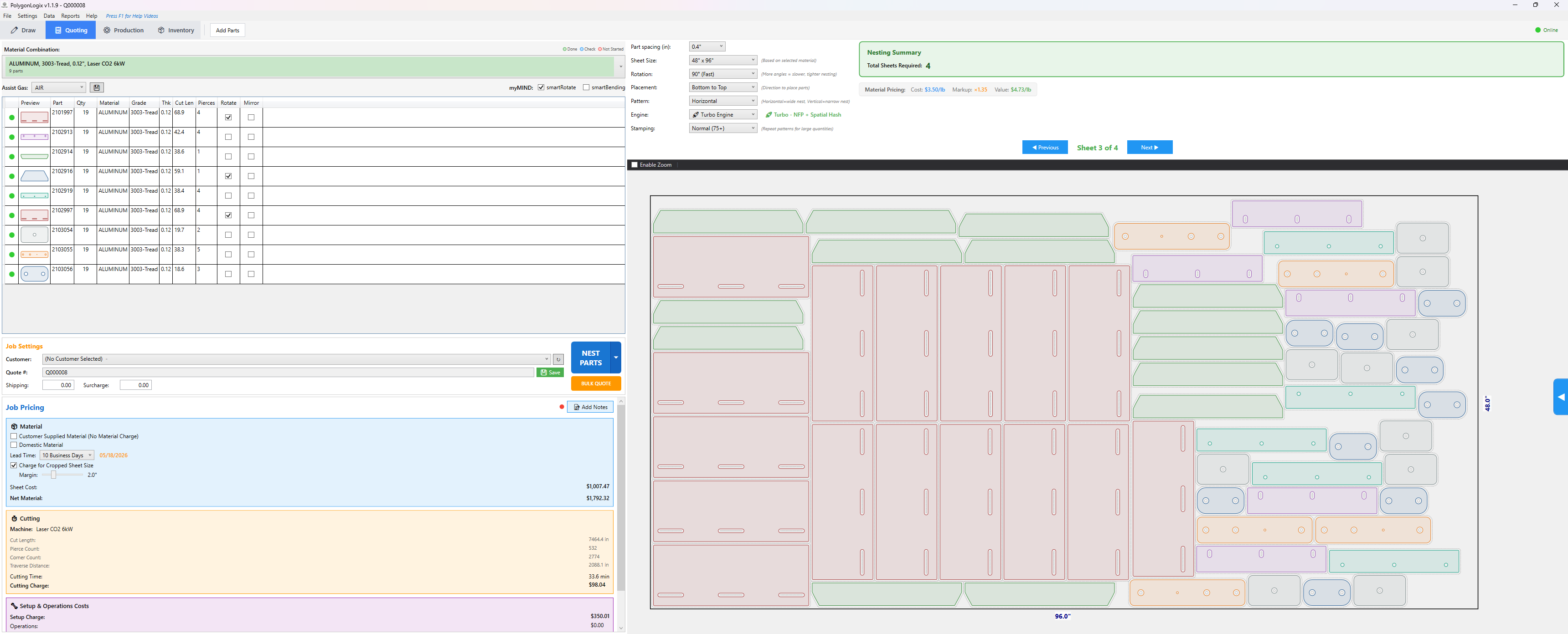 PolygonLogix quoting view with parts nested across multiple sheets and full pricing breakdown