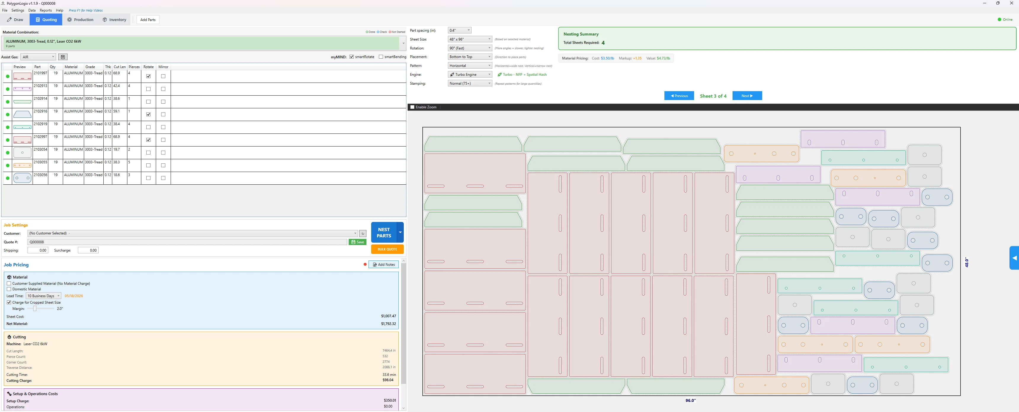 PolygonLogix quoting view with parts nested across multiple sheets and full pricing breakdown